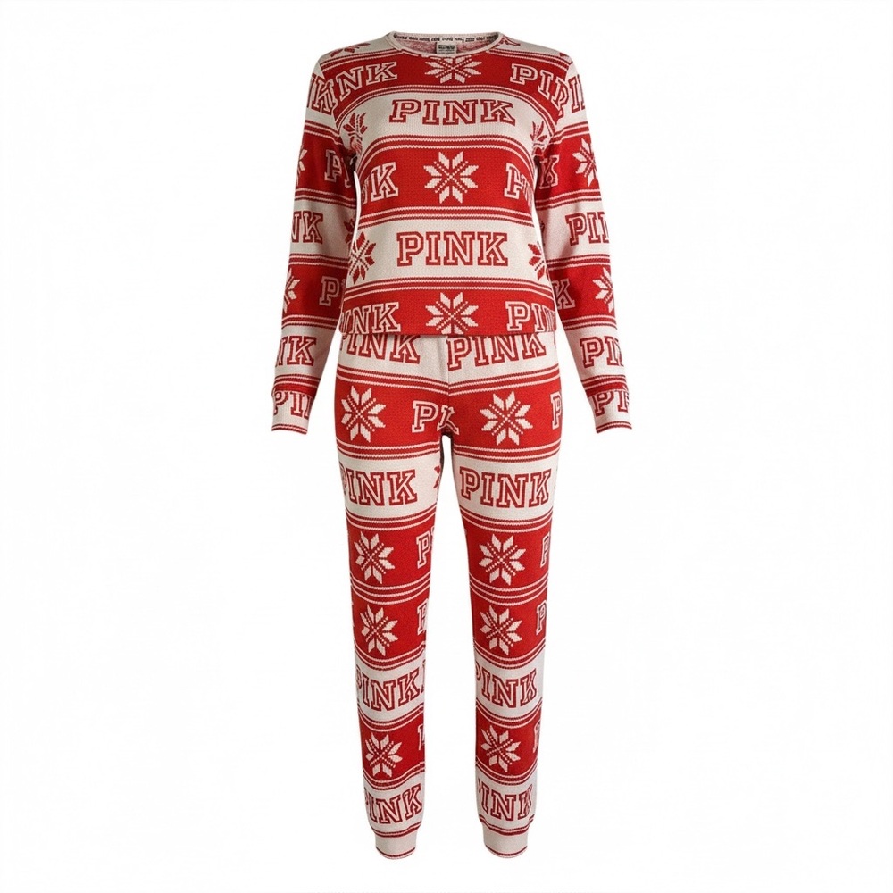 PINK Victorias Secret L Red Light Pink Fair Isle Thermal Pajamas R $79 Holiday - Picture 5 of 14